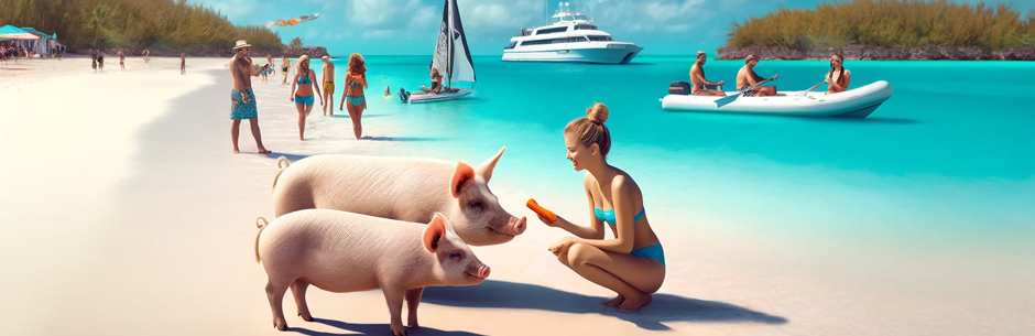 Pig Beach, Exuma, Swimming Pigs, Bahamas Yacht Marina, Luxury Yacht Charter, Yacht Charters, Boat Rentals Sportfishing, Exuma, George Town, Atlantis, Catering, Chef on a yacht,